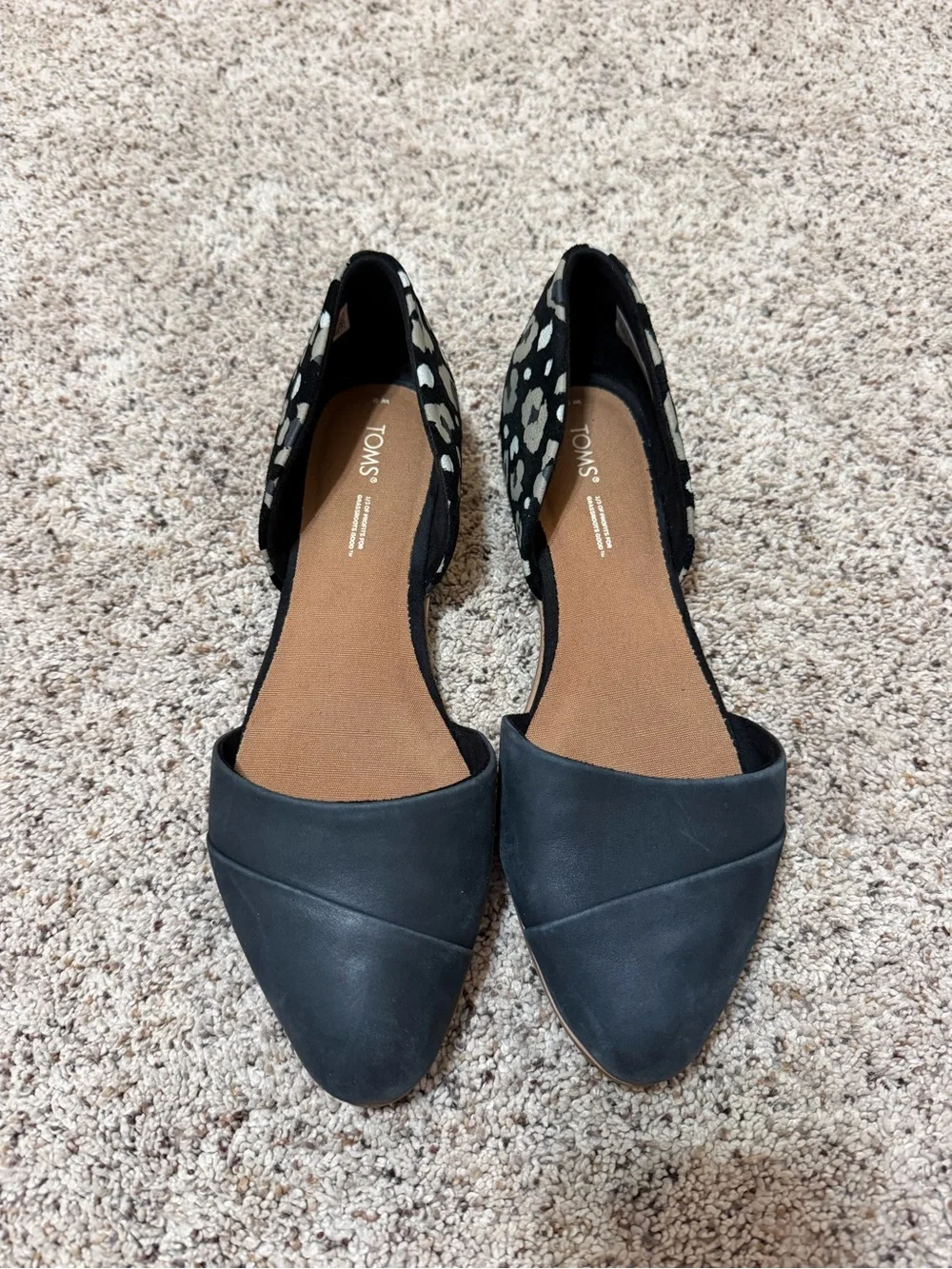 TOMS Black Flats with Black & White Leopard Heel Accent